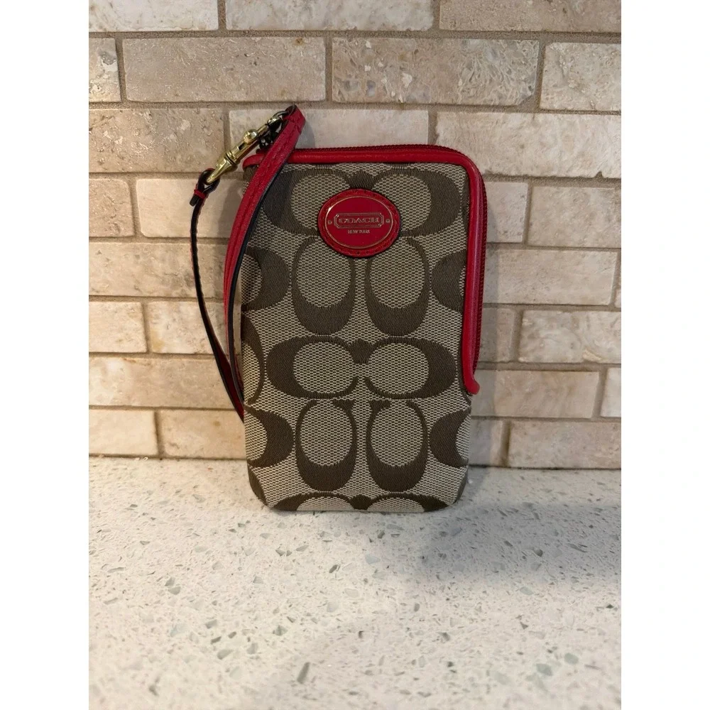 Coach Signature Canvas Wristlet Phone Case Red Brown Monogram Zip Pouch Wallet